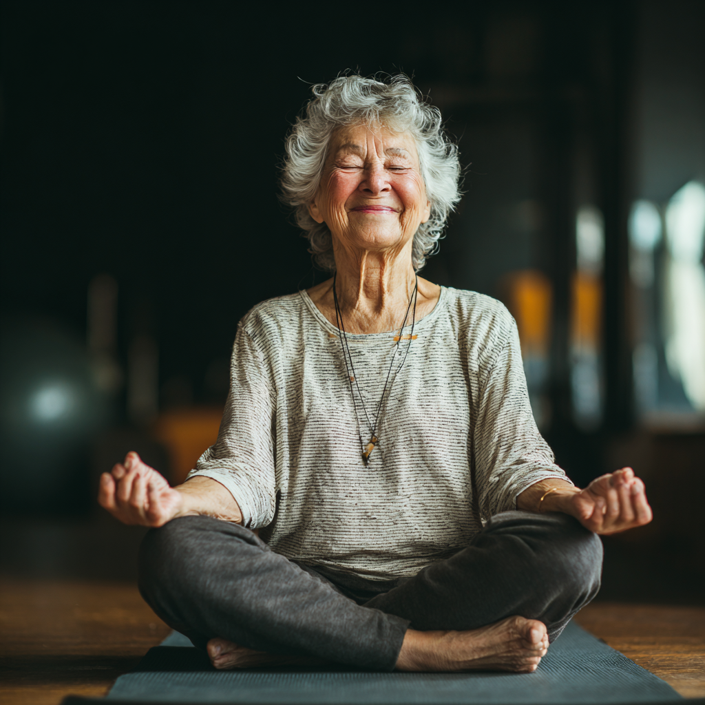 Skupina ľudí rôzneho veku slovenského pôvodu cvičí jogu v pokojnom prostredí, všetci sa usmievajú a vyzerajú uvoľnene