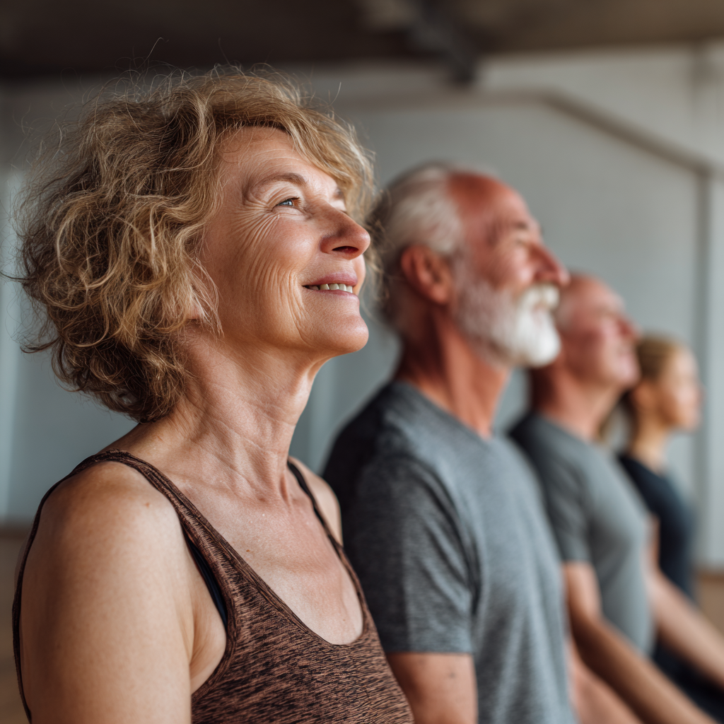 Starší muž slovenského pôvodu sa usmíeva počas jogy, cvičí v útulnom interiéri, vyzerá zdravo a spokojne